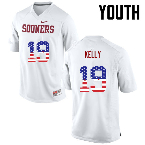 Youth Oklahoma Sooners #19 Caleb Kelly College Football USA Flag Fashion Jerseys-White - Click Image to Close